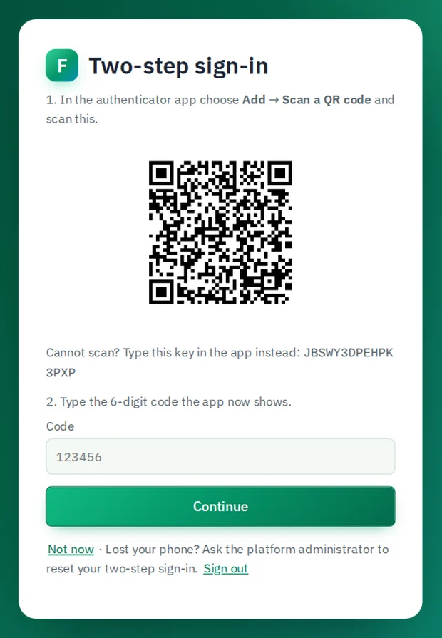 The optional two-step sign-in set-up in FinCom, with a QR code to scan in an authenticator app